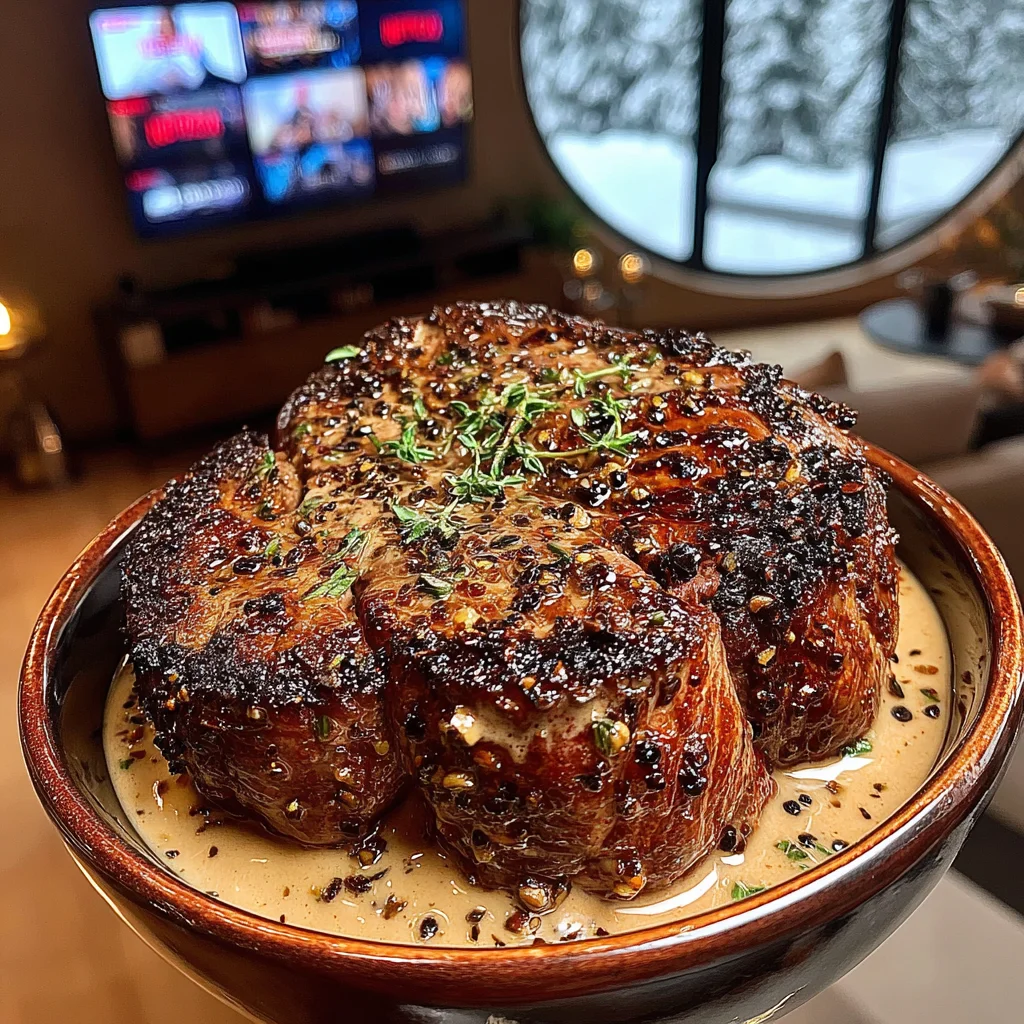 Caramelized Garlic and Thyme-Crusted Filet Mignon with Cognac Peppercorn Sauce & Tarragon Butter