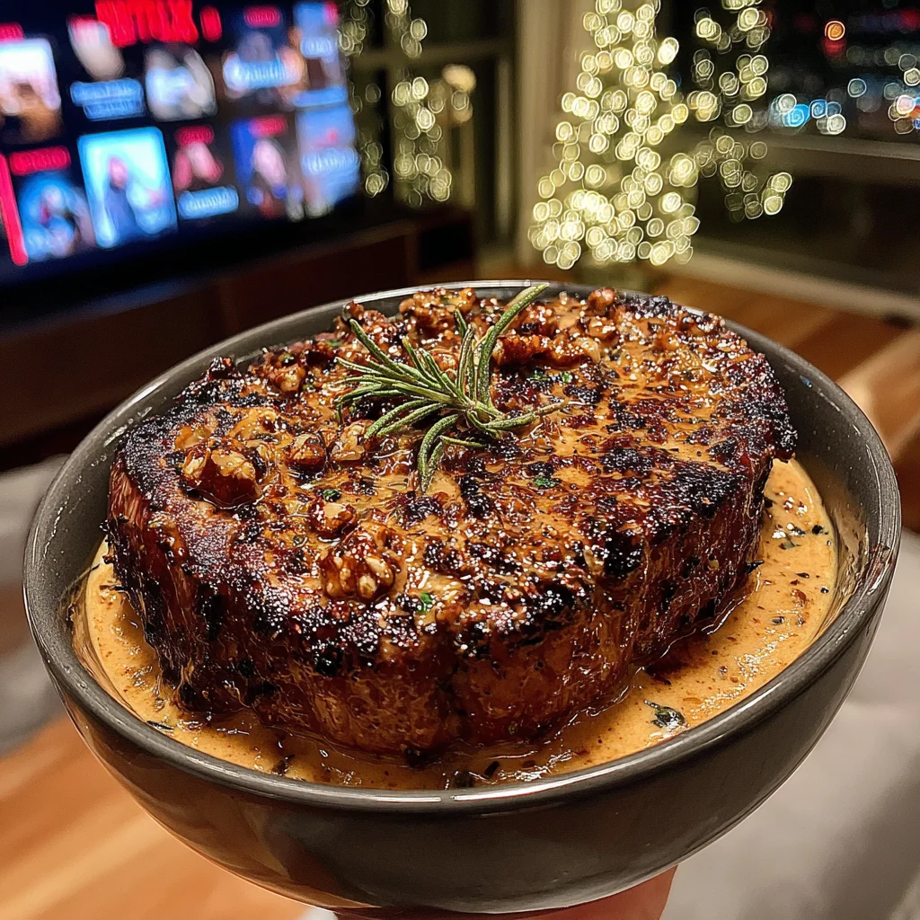 Caramelized Shallot and Rosemary-Crusted Filet Mignon with Gorgonzola-Walnut Butter