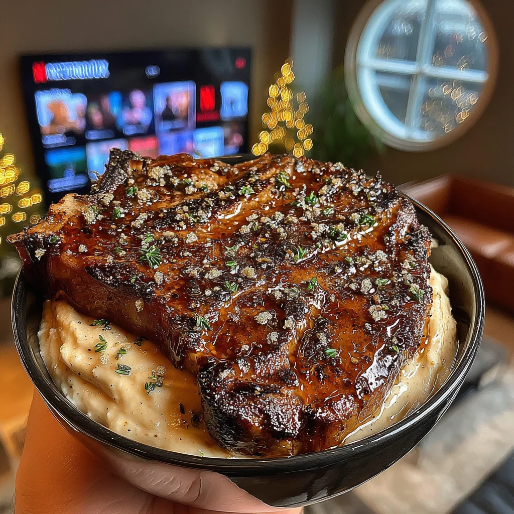 Caramelized Shallot and Rosemary-Crusted Tomahawk with Truffle & Roasted Garlic Compound Butter