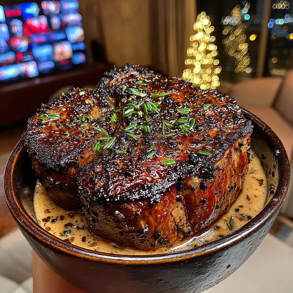 Caramelized Shallot and Sage-Crusted Filet Mignon with a Cracked Black Peppercorn & Porcini-Herb Butter