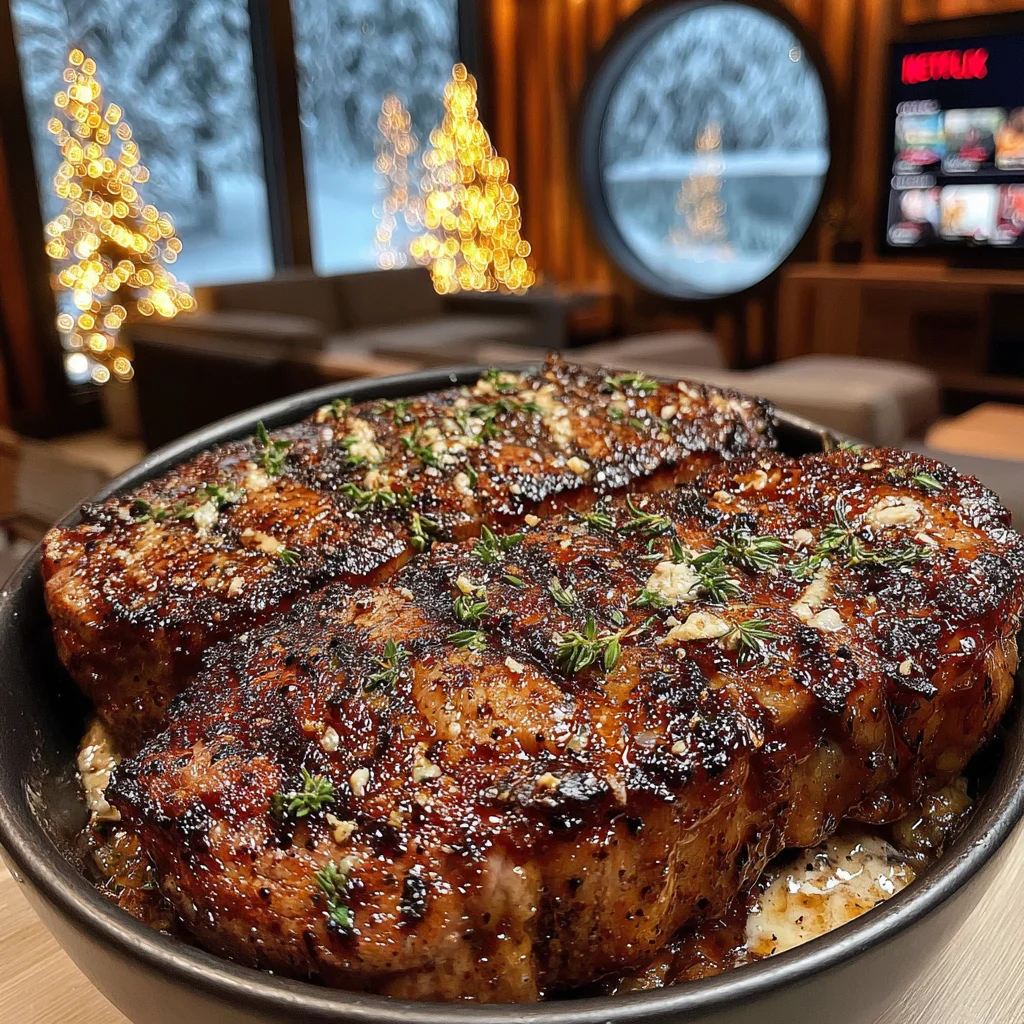 Caramelized Shallot and Thyme-Crusted New York Strip with Whipped Blue Cheese Butter