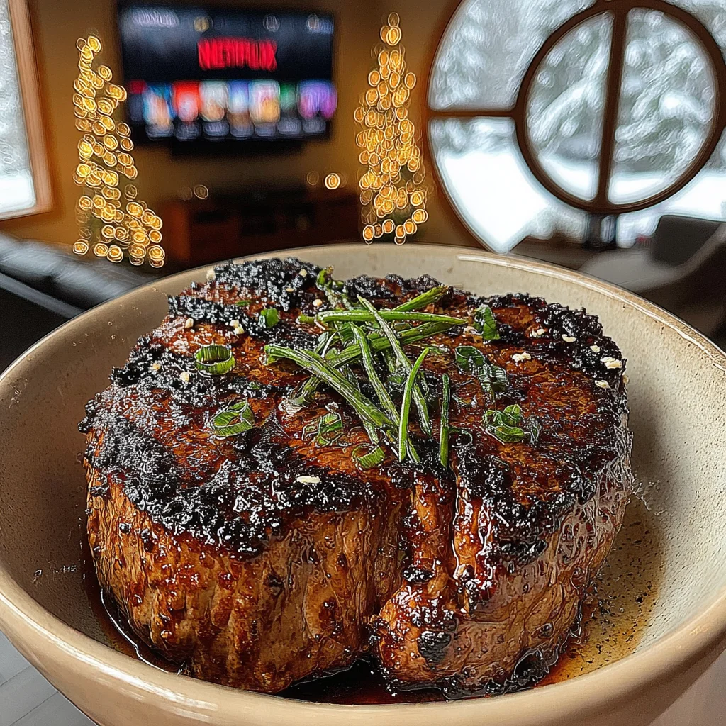 Charred Garlic Scape and Lime-Crusted Filet Mignon with Miso-Shiitake Compound Butter
