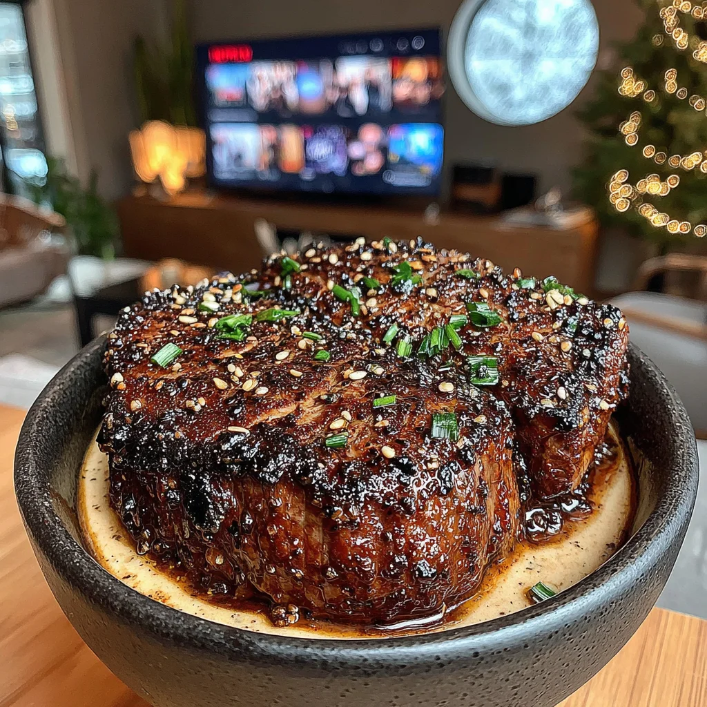 Charred Green Garlic and Yuzu-Crusted Filet Mignon with a Black Garlic & Porcini Compound Butter