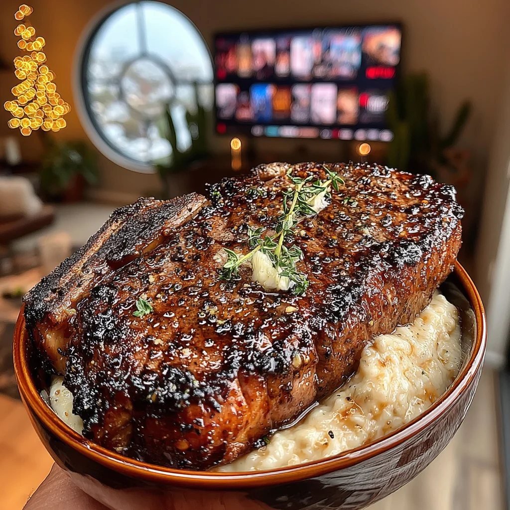 Charred Red Onion and Pomelo-Crusted Ribeye with Roasted Garlic and Thyme Butter