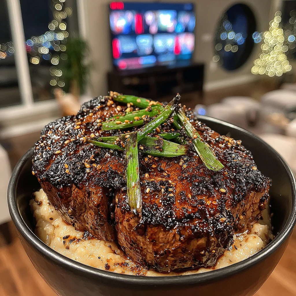 Charred Scallion and Lemon-Crusted Filet Mignon with Ginger-Miso Compound Butter
