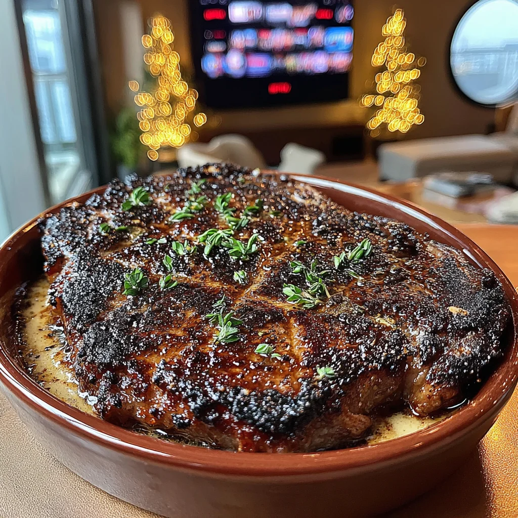 Charred Shallot and Clementine-Crusted Ribeye with Bourbon-Pecan Butter