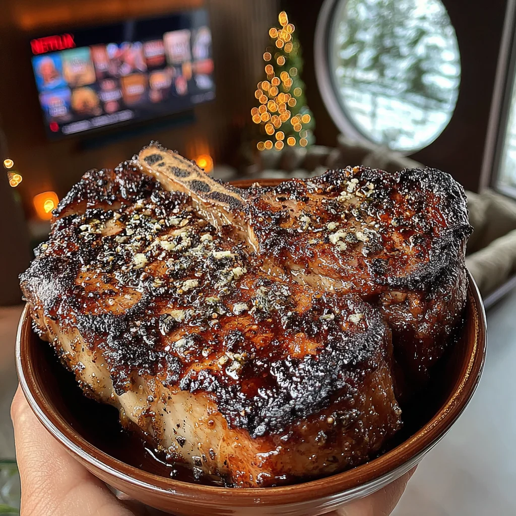 Charred Shallot and Oregano-Crusted T-Bone with Toasted Pink Peppercorn & Horseradish Butter