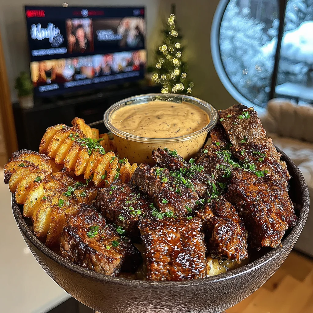 Chili-Lime Flat Iron Steak with Zesty Seasoned Crinkle Fries and Velvety Garlic Sauce