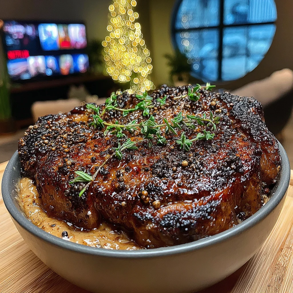 Confit Garlic and Thyme-Crusted Ribeye with a Cracked Green Peppercorn & Porcini Butter