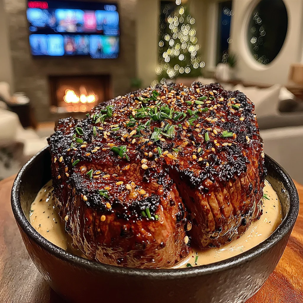 Cracked Mustard Seed and Bergamot-Crusted Filet Mignon with Horseradish-Shallot Butter