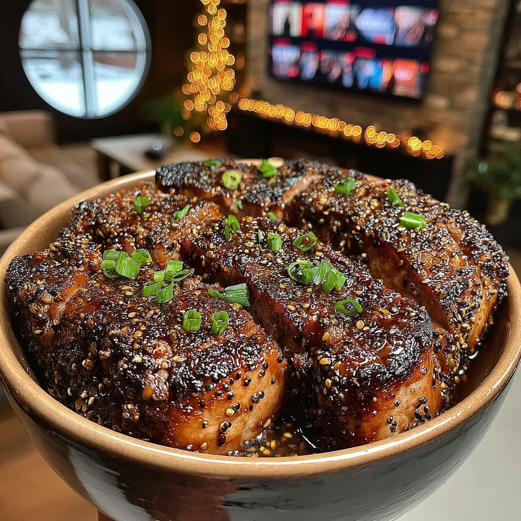 Cracked Mustard Seed and Garlic-Crusted New York Strip with Honey-Balsamic Onion Jus