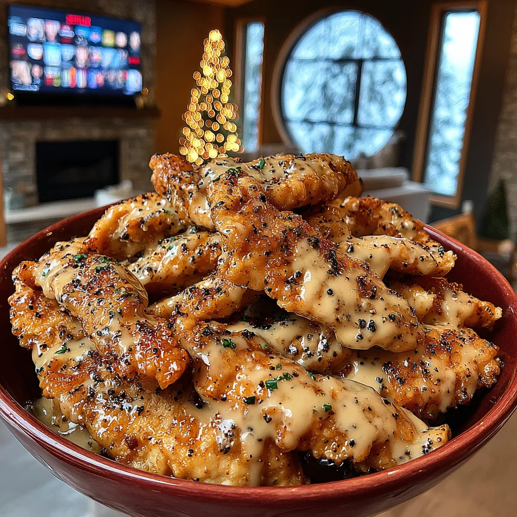 Creamy Garlic Parmesan Smothered Chicken Strips with Cracked Black Pepper