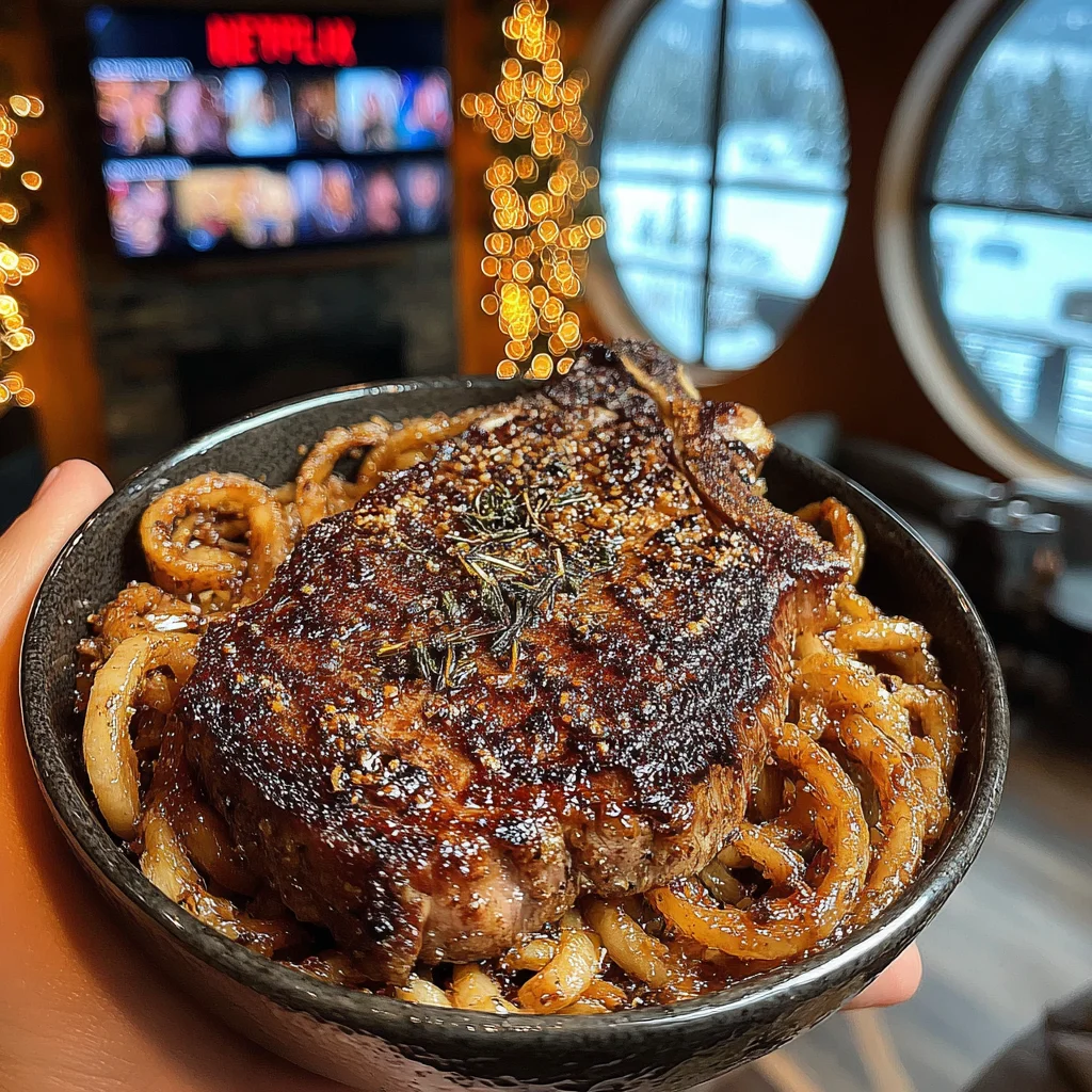 Crispy Shallot-Ring and Thyme-Crusted Porterhouse with a Brown Butter & Sherry-Shallot Infusion