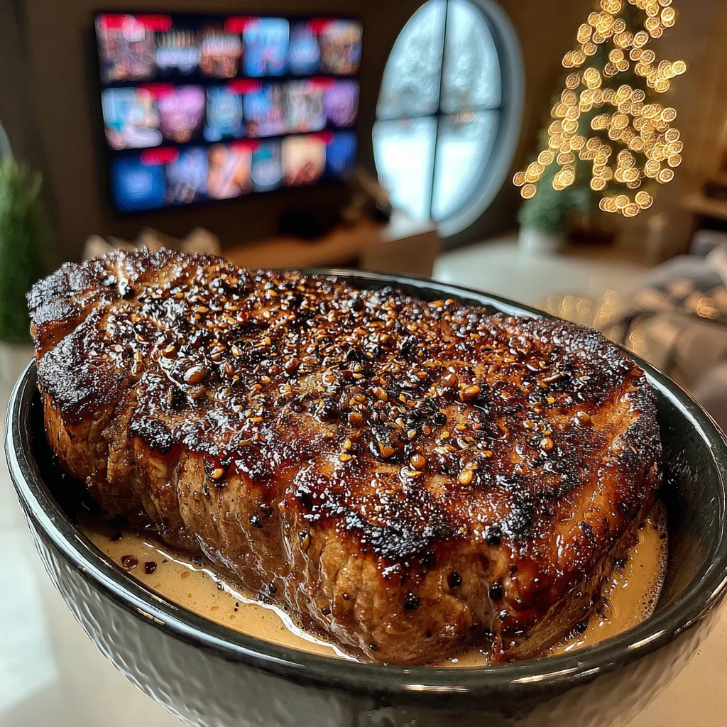 Crushed Sichuan Pepper and Yuzu-Crusted New York Strip with Shiitake-Shallot Butter