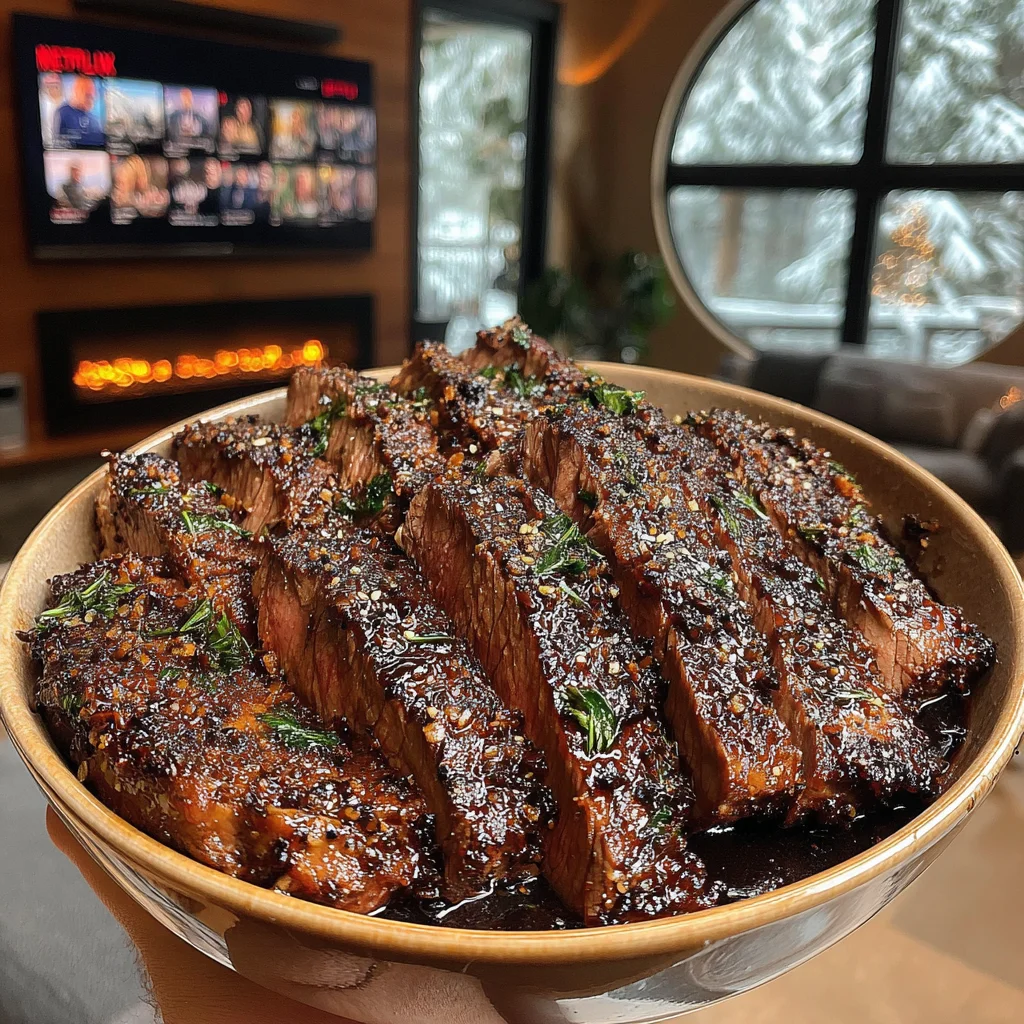 Dried Mushroom and Garlic-Crusted Flat Iron with Balsamic-Infused Cherry Reduction
