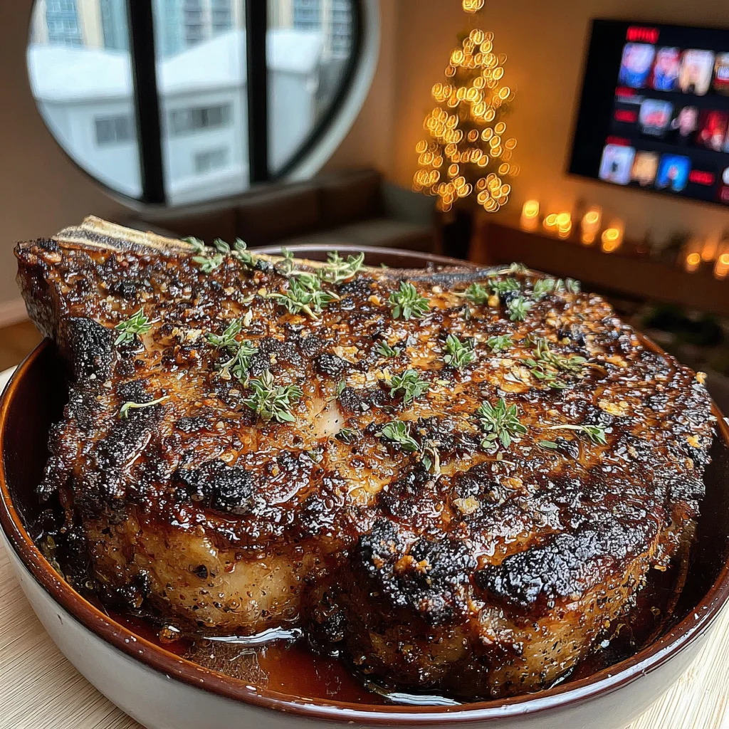 Fried Garlic-Chip and Oregano-Crusted T-Bone with a Brown Butter & Balsamic-Shallot Infusion