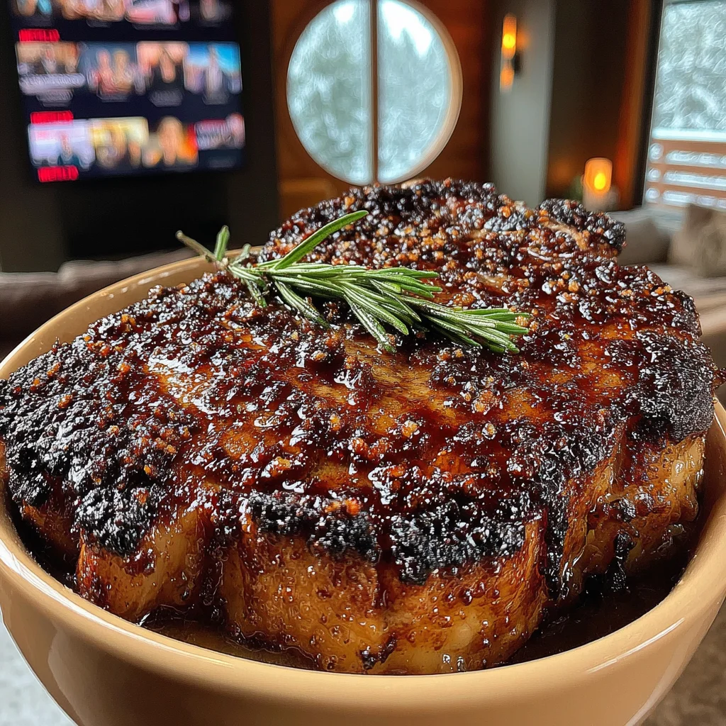 Fried Garlic-Chip and Rosemary-Crusted Ribeye with a Brown Butter & Balsamic-Fig Glaze