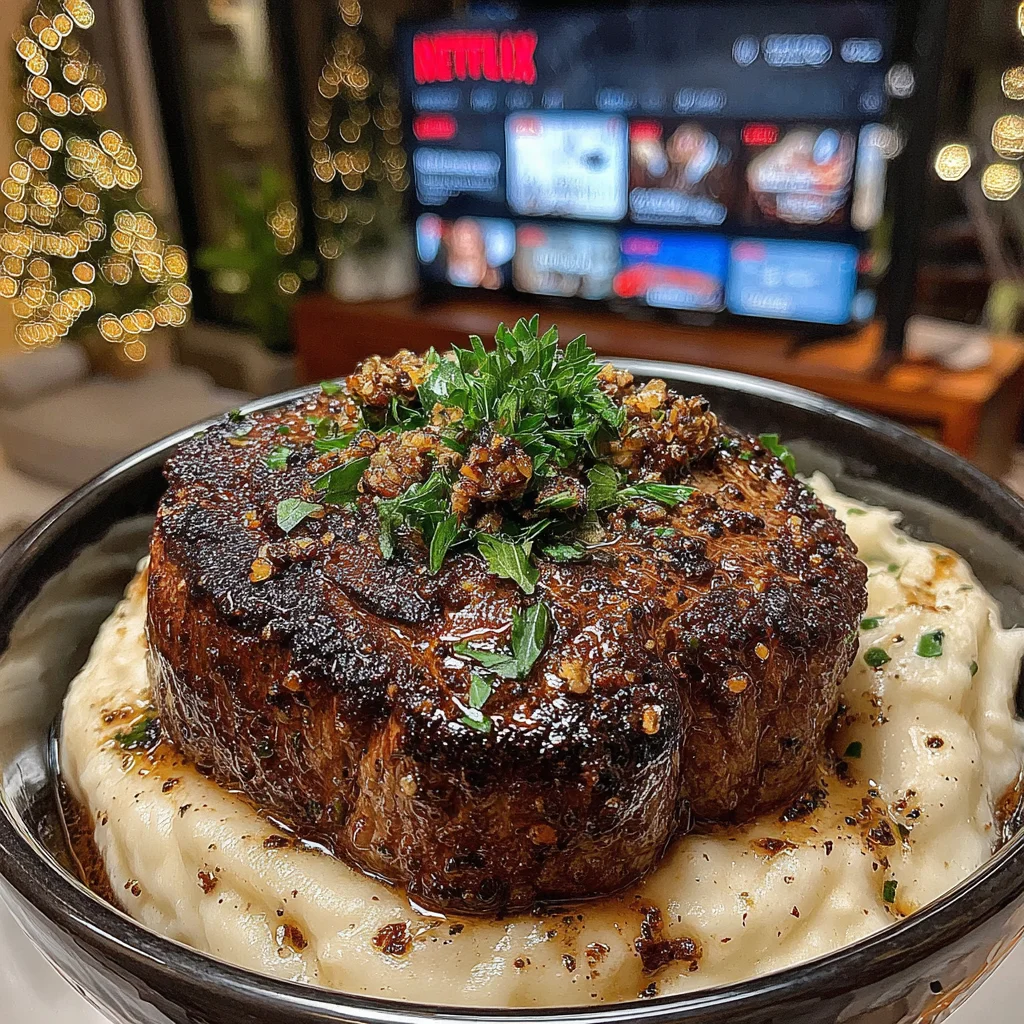 Fried Garlic-Chip and Tarragon-Crusted Filet Mignon with a Roasted Garlic & Parsley-Walnut Butter