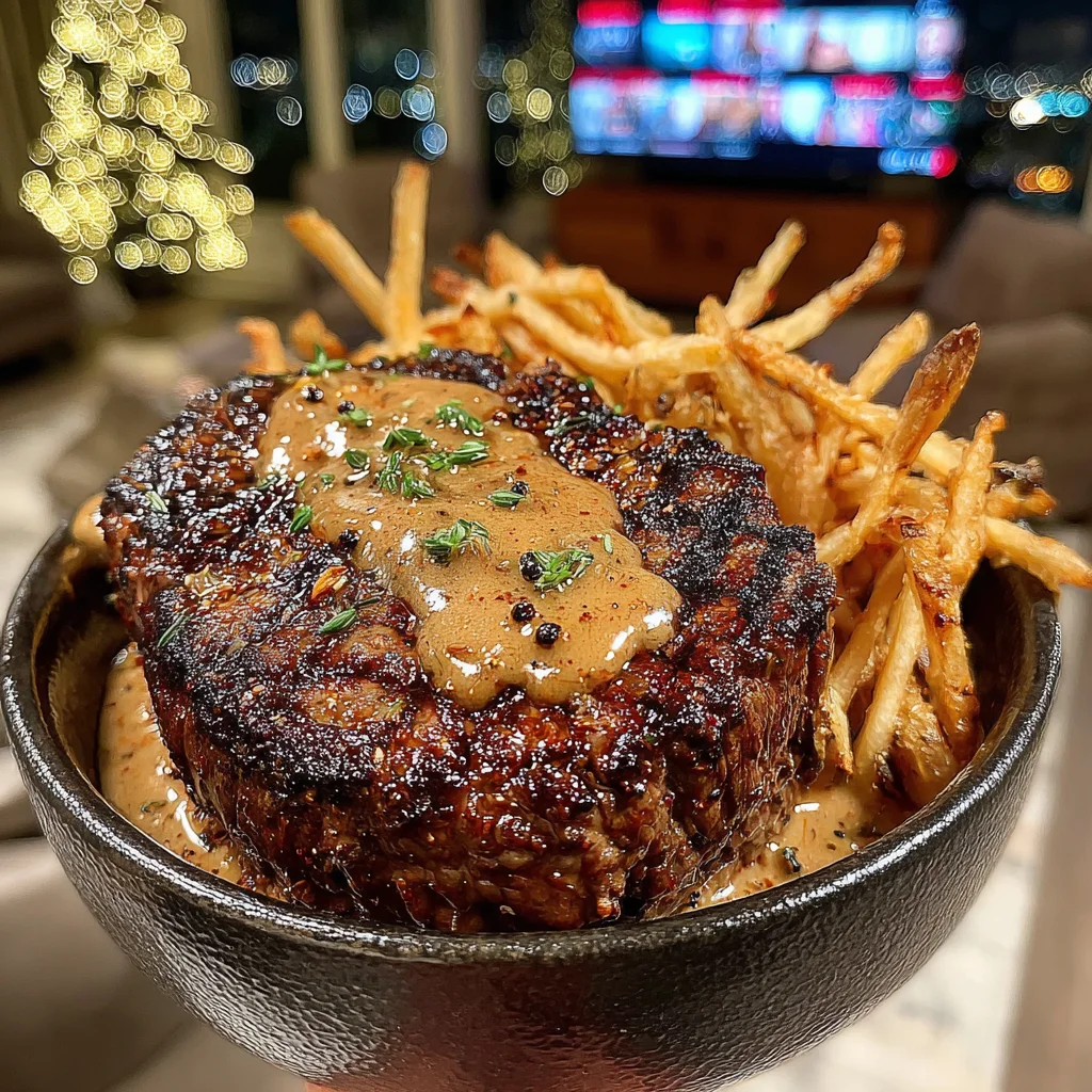Garlic-Basted Filet Mignon with Rosemary-Salted Shoestring Fries and Creamy Herb Gravy