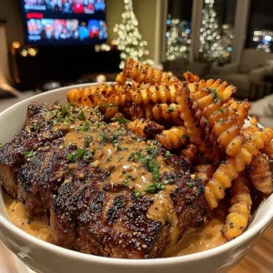 Garlic-Encrusted Sirloin Steak with Cajun-Spiced Crinkle Fries and Rich Pepper Gravy