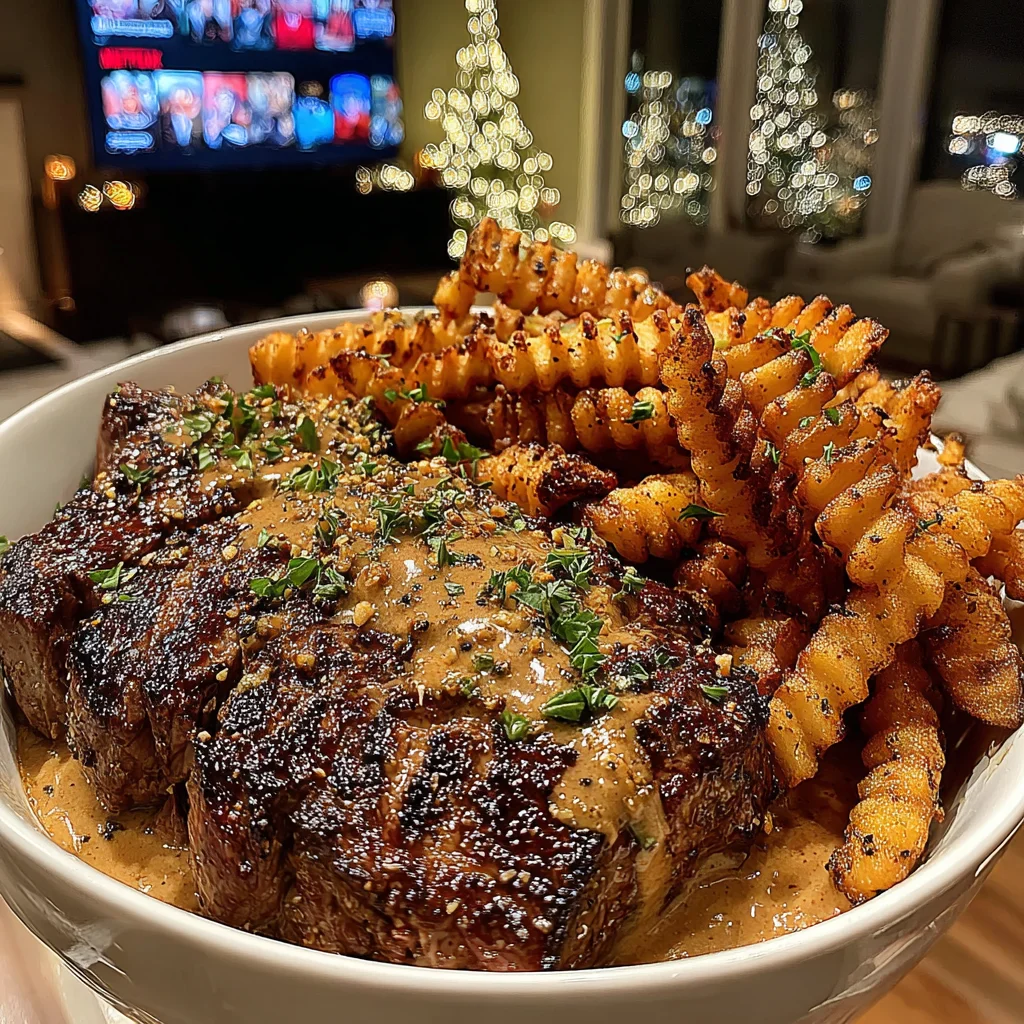Garlic-Encrusted Sirloin Steak with Cajun-Spiced Crinkle Fries and Rich Pepper Gravy