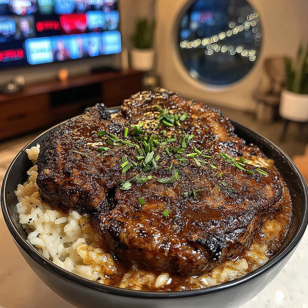 Ginger-Malt Braised Ribeye with a Sweet Roasted Shallot and Herb Smothered Gravy