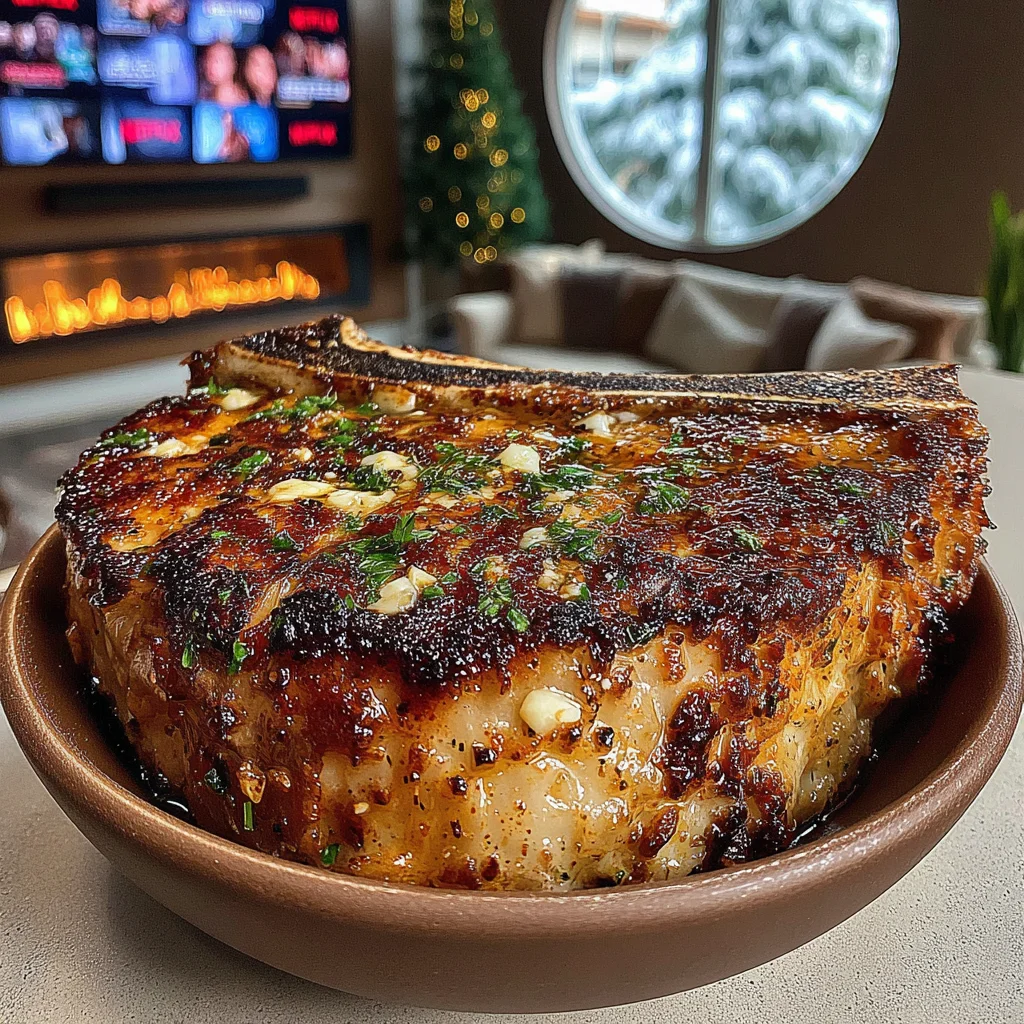 Golden Pearl Onion and Savory-Crusted T-Bone with a Confit Garlic & Lemon-Parsley Butter