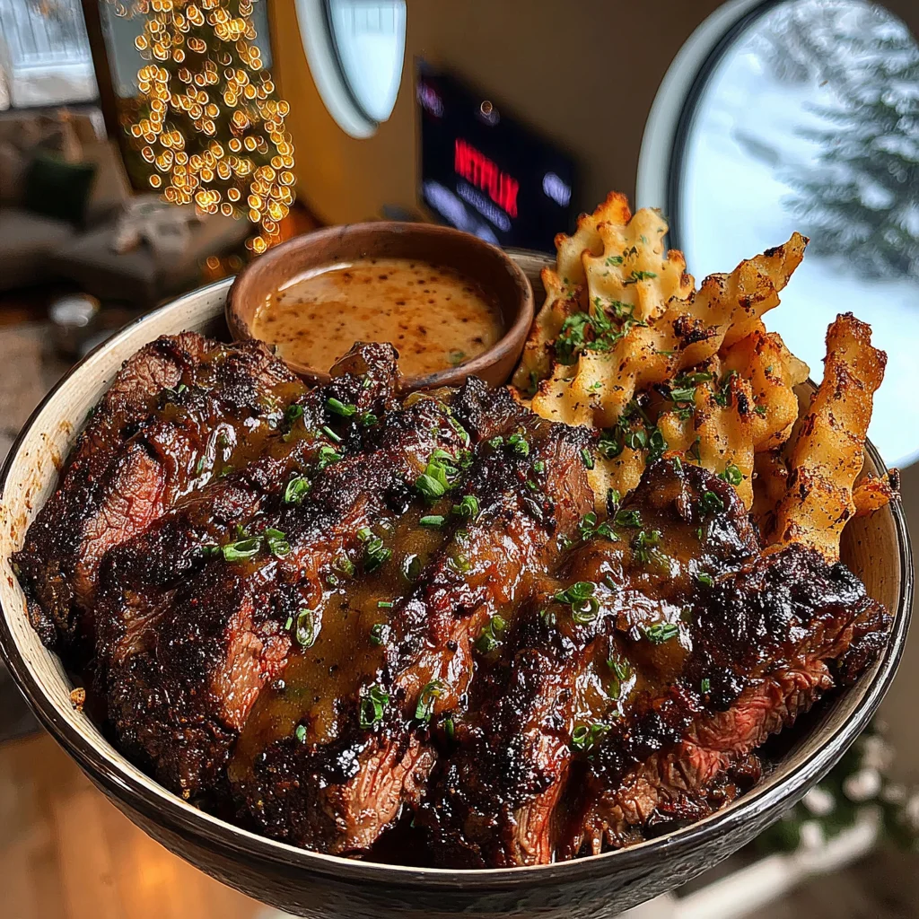 Hickory-Smoked Hanger Steak with Triple-Cooked Waffle Fries and Savory Jus Gravy