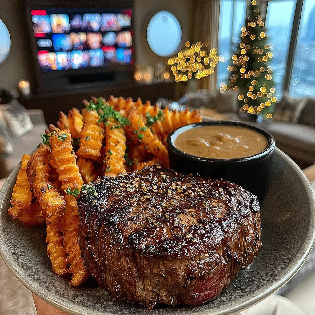 Montreal-Seasoned Filet Mignon with Rosemary-Salted Crinkle Fries and Thick Brown Onion Sauce