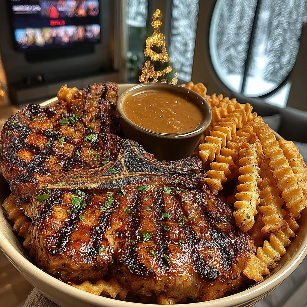 Montreal-Spiced T-Bone Steak with Crispy Lattice Fries and Velvety Onion Brown Sauce