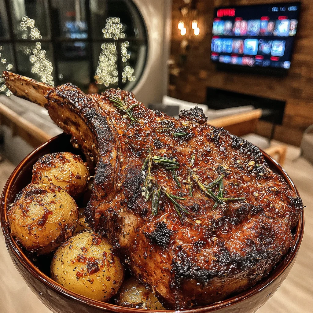 Roasted Cipollini and Bitter Orange-Crusted Tomahawk with a Rosemary-Infused Chili Honey Butter