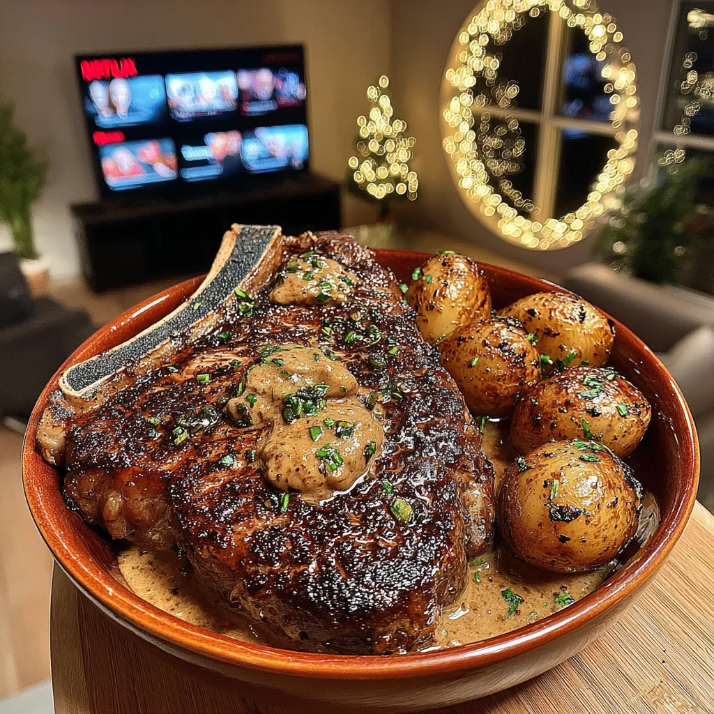 Roasted Cipollini and Oregano-Crusted T-Bone with Black Garlic Confit Butter