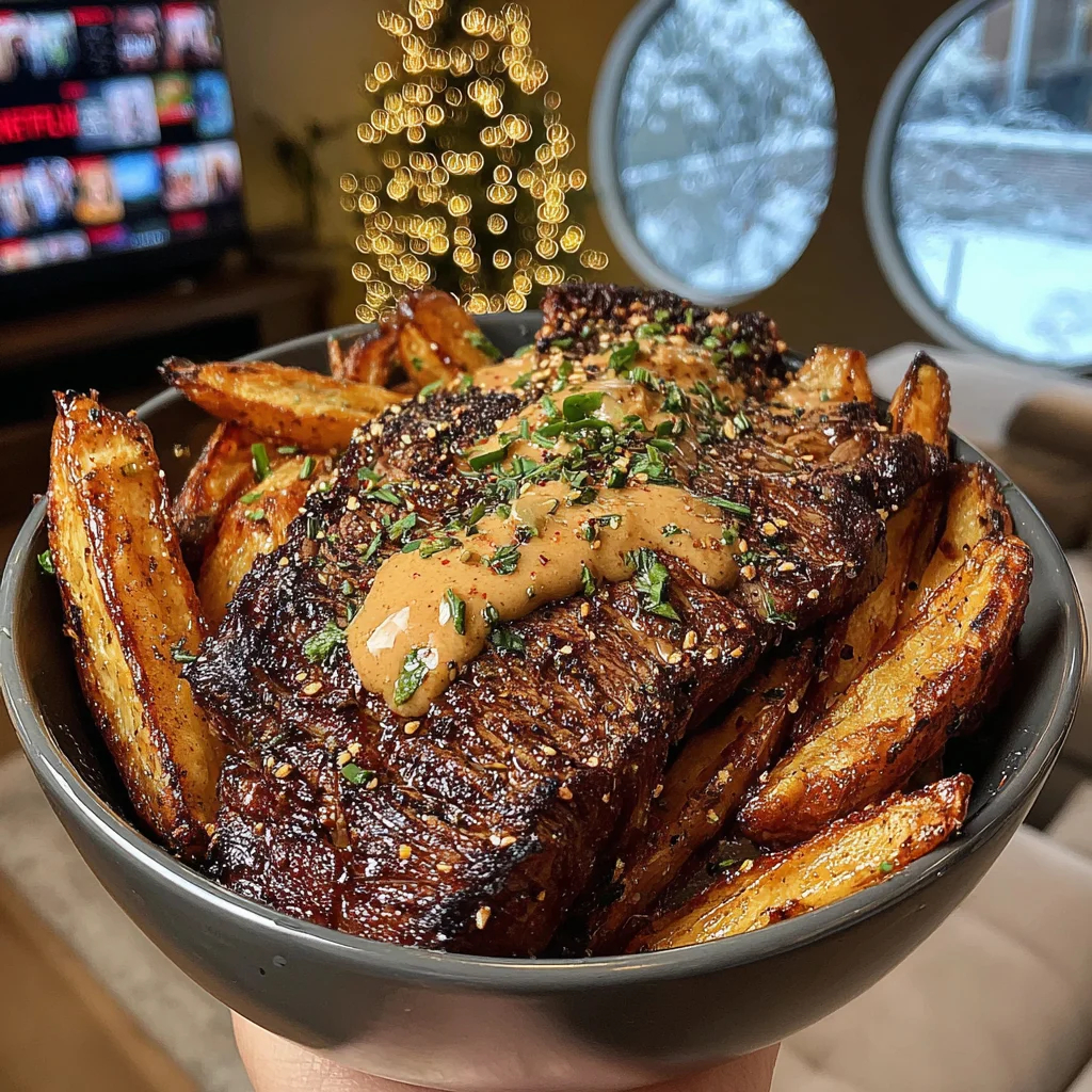 Roasted Garlic-Butter Basted Sirloin with Crispy Skin-On Fries and Velvety Peppercorn Cream Sauce