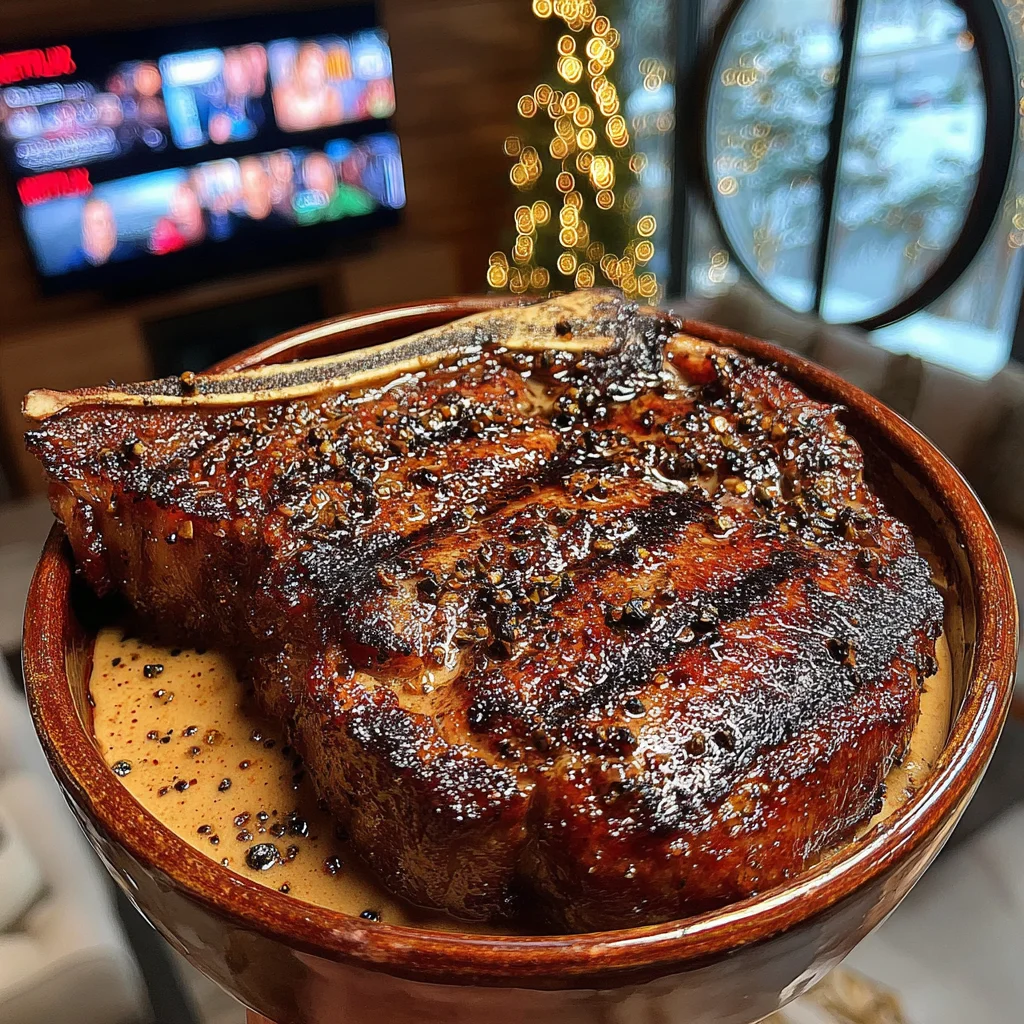 Roasted Garlic and Tarragon-Crusted T-Bone with a Cracked Szechuan Peppercorn & Porcini Compound Butter