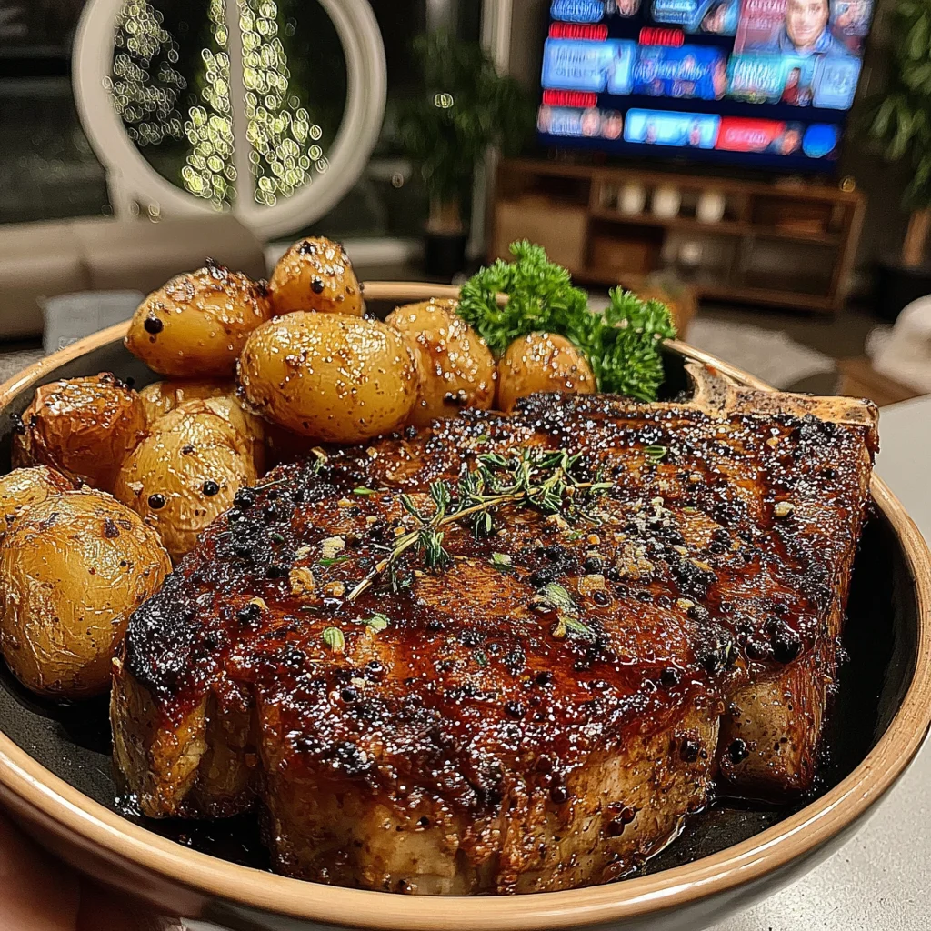 Roasted Garlic and Thyme-Crusted Porterhouse with a Cracked Szechuan Peppercorn & Porcini-Shallot Butter