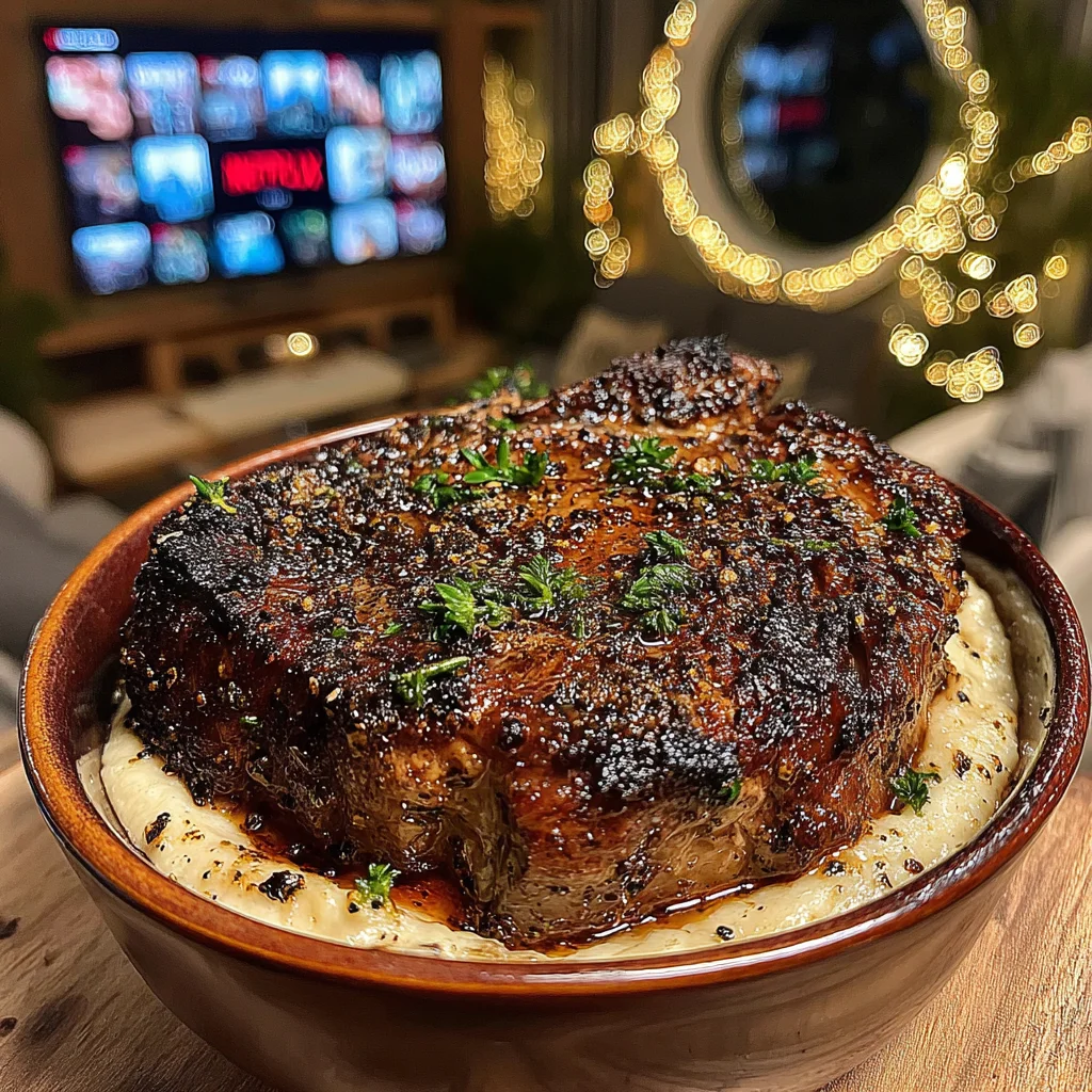 Roasted Leek and Marjoram-Crusted Ribeye with a Whipped Garlic & Parsley-Caper Butter