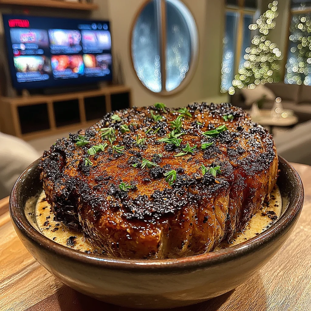 Roasted Leek and Rosemary-Crusted Ribeye with a Black Garlic & Shallot Confit Butter