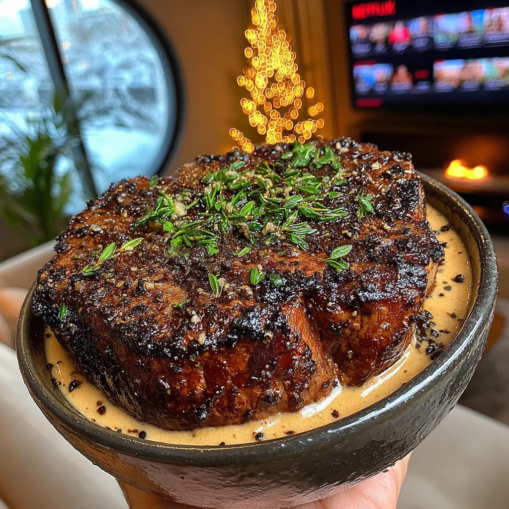 Roasted Leek and Thyme-Crusted Filet Mignon with a Black Garlic & Shallot Compound Butter