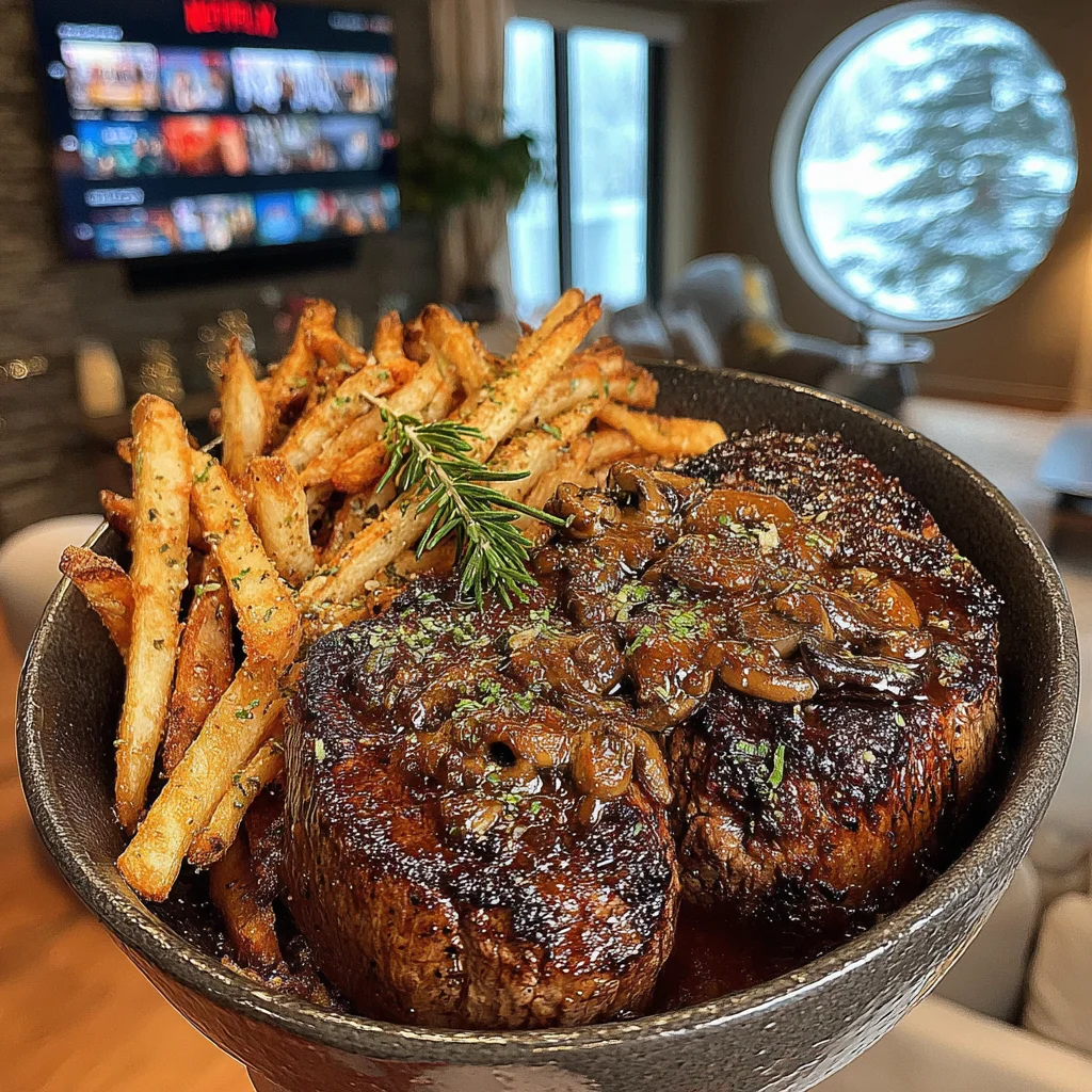 Rosemary-Basted Filet Mignon with Truffle-Salted Shoestring Fries and Savory Mushroom Jus Sauce