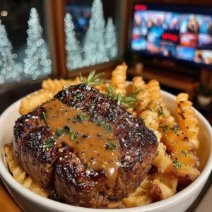 Rosemary-Butter Seared Sirloin with Garlic-Parmesan Crinkle Fries and Savory Peppercorn Gravy