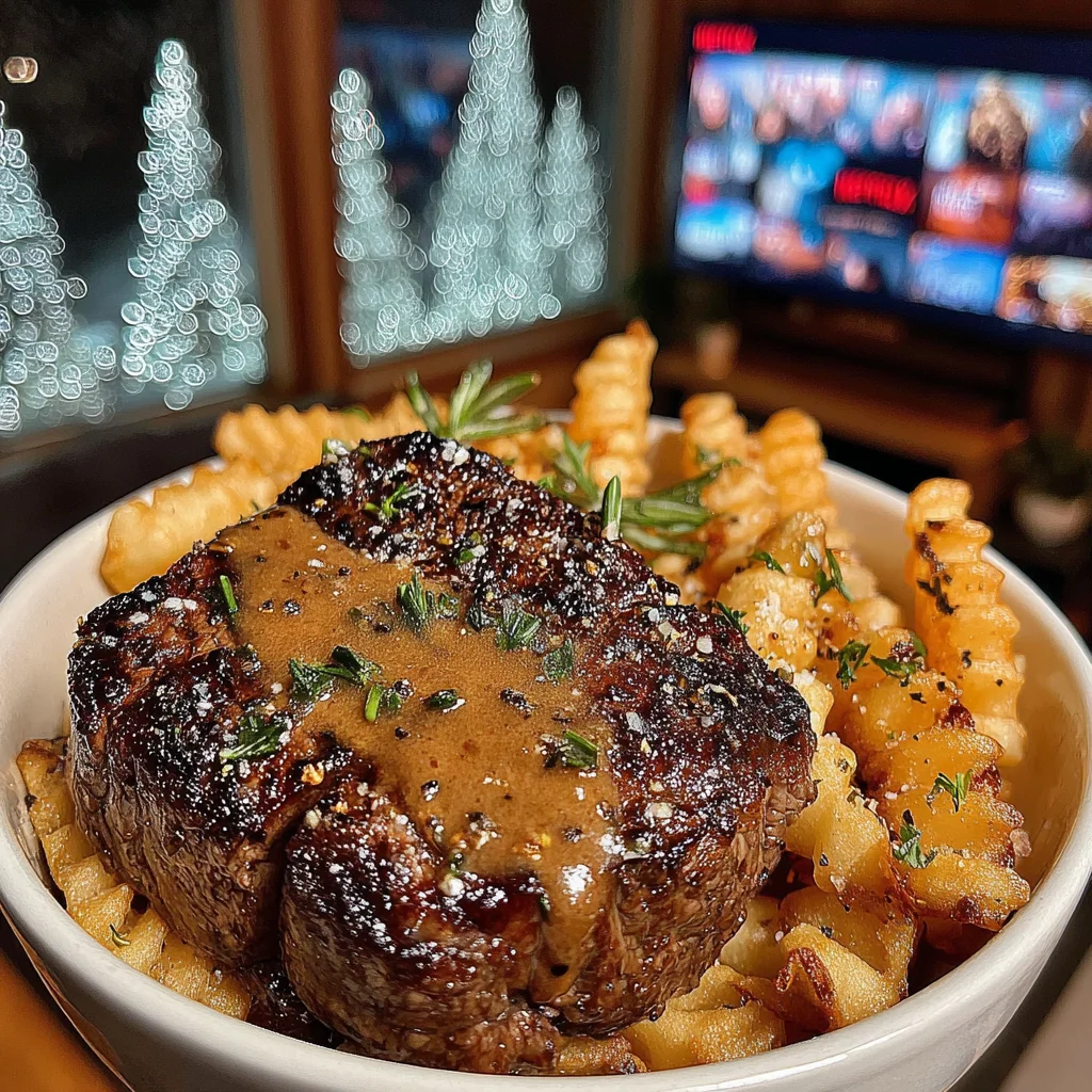 Rosemary-Butter Seared Sirloin with Garlic-Parmesan Crinkle Fries and Savory Peppercorn Gravy
