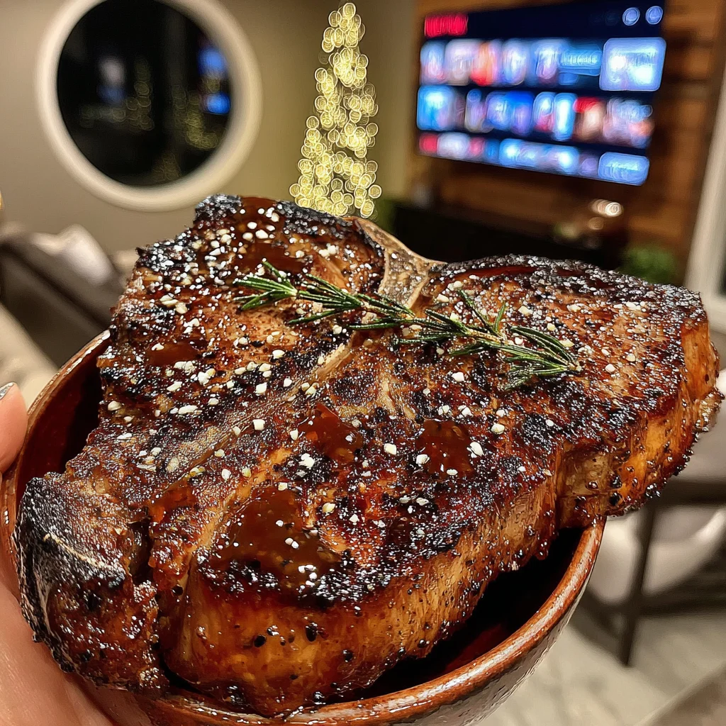 Rosemary and Sea Salt-Crusted Porterhouse with Balsamic-Apricot Reduction