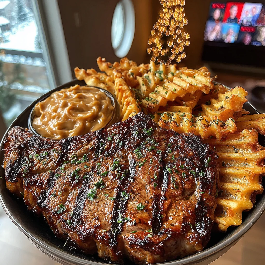 Sage-Basted Entrecôte with Garlic-Herb Waffle Fries and Rich Caramelized Onion Sauce