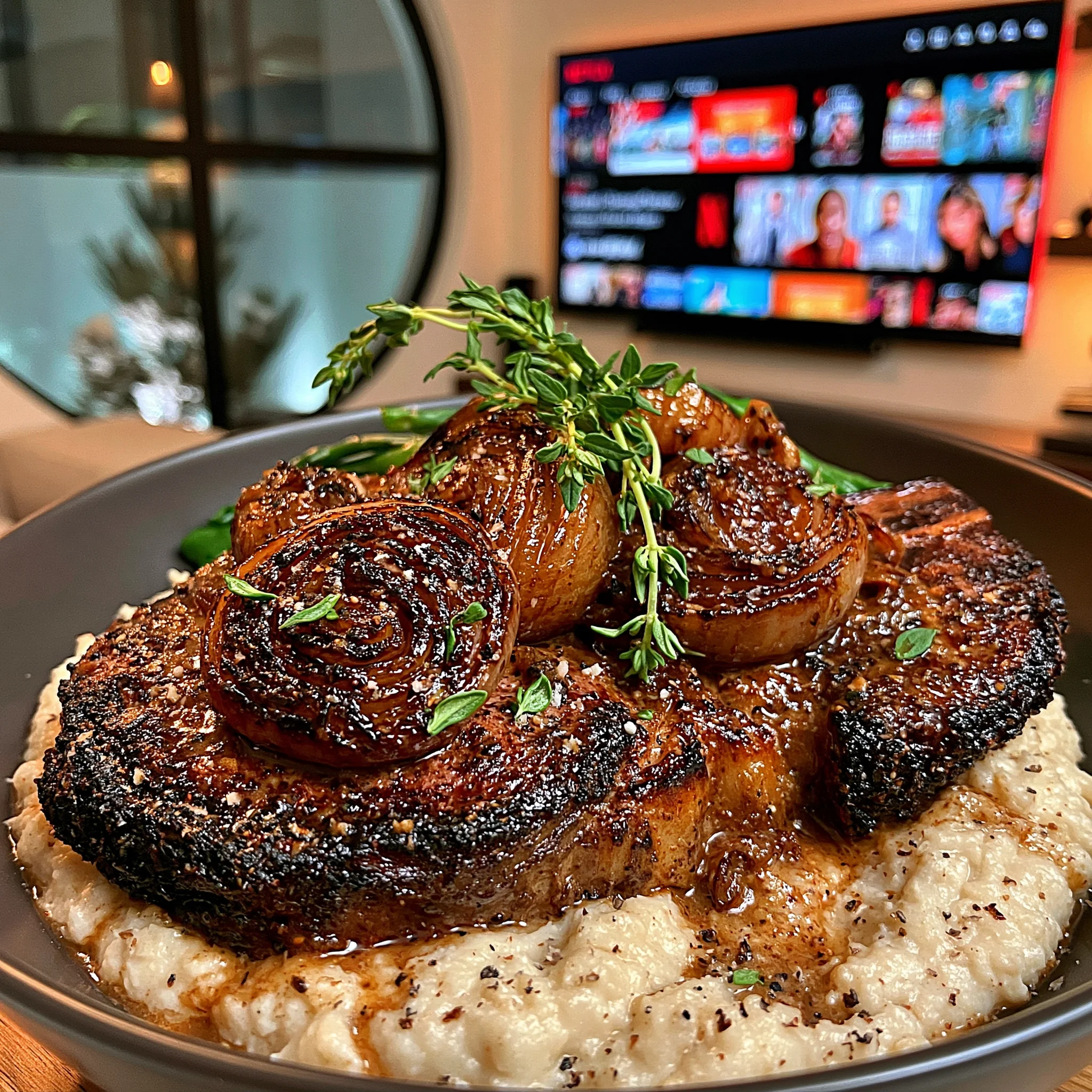 Sherry-Braised Shallot and Thyme-Crusted Ribeye with a Velvety Celeriac & Bone Marrow Reduction