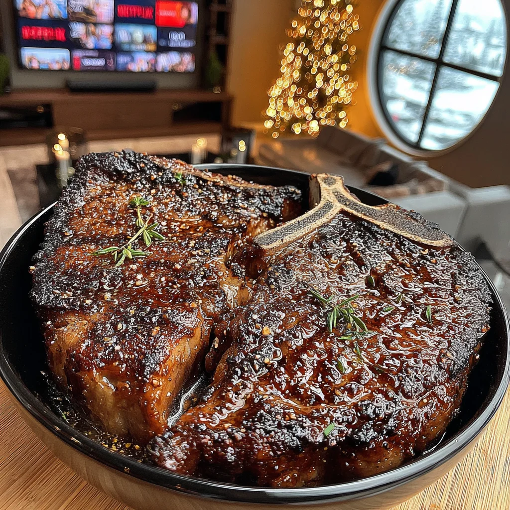 Smoked Garlic and Marjoram-Crusted T-Bone with Balsamic-Glazed Butter