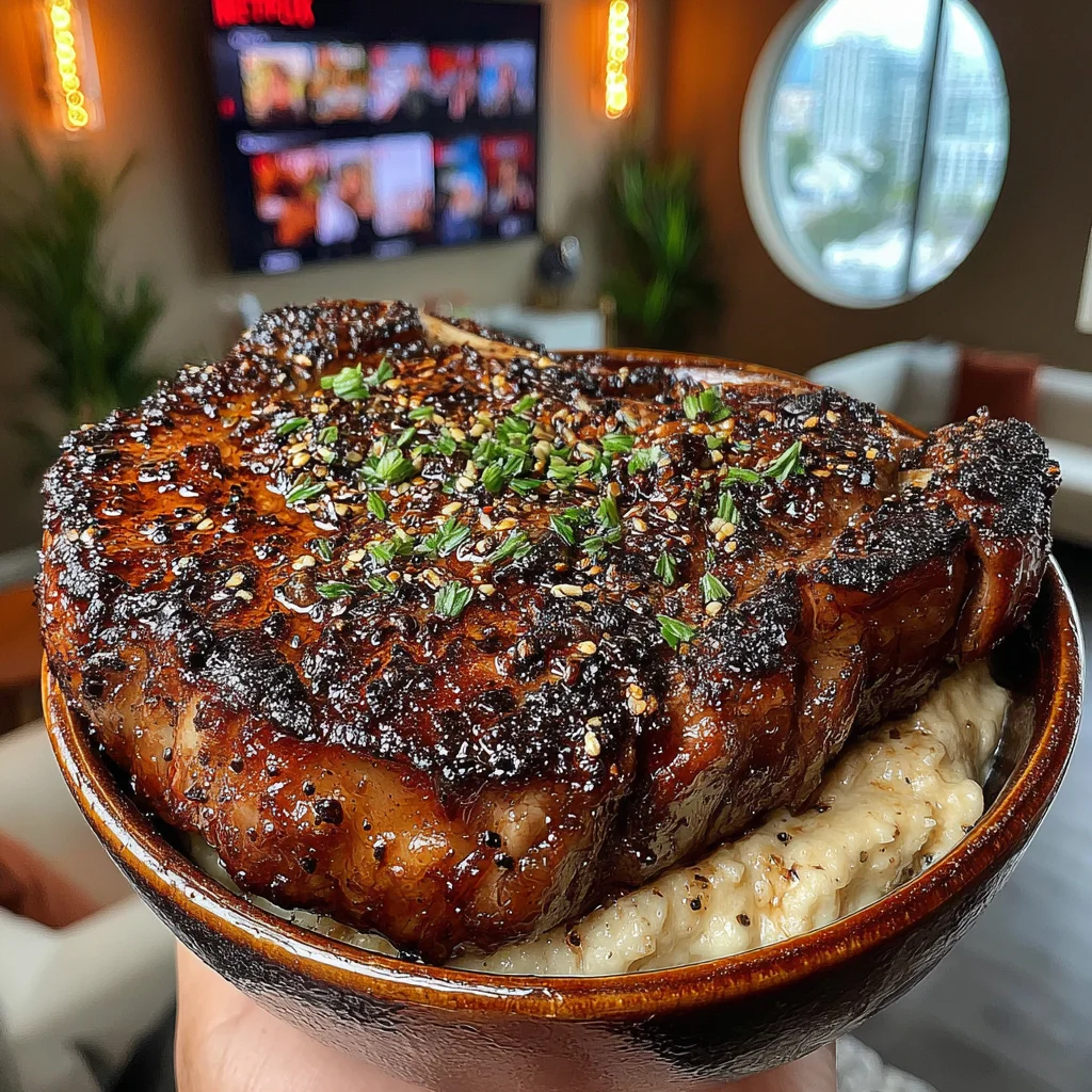 Smoked Garlic and Rosemary-Crusted Ribeye with Roasted Bone Marrow Butter