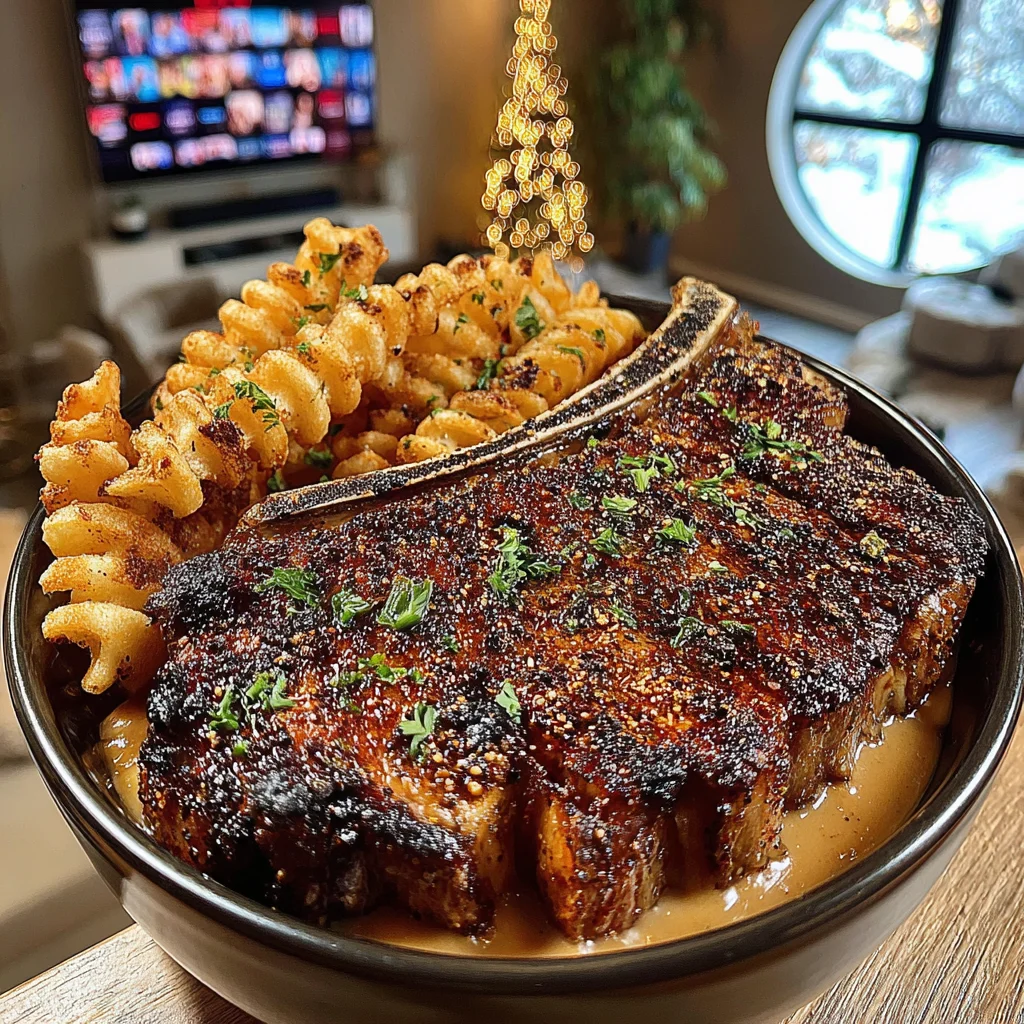 Smoked-Paprika T-Bone Steak with Herb-Dusted Crinkle Fries and Velvety Onion Gravy