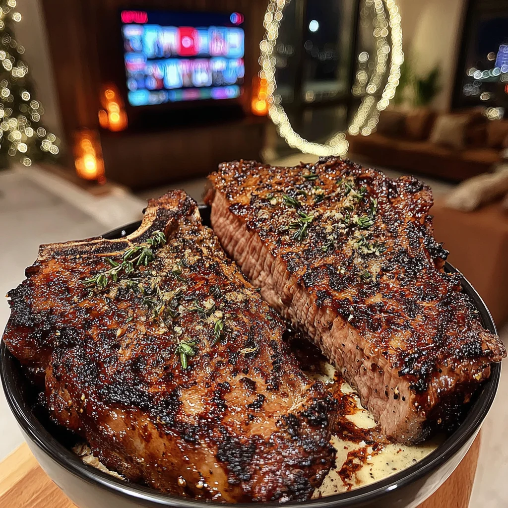 Smoked Red Onion and Oregano-Crusted Porterhouse with Chimichurri Butter