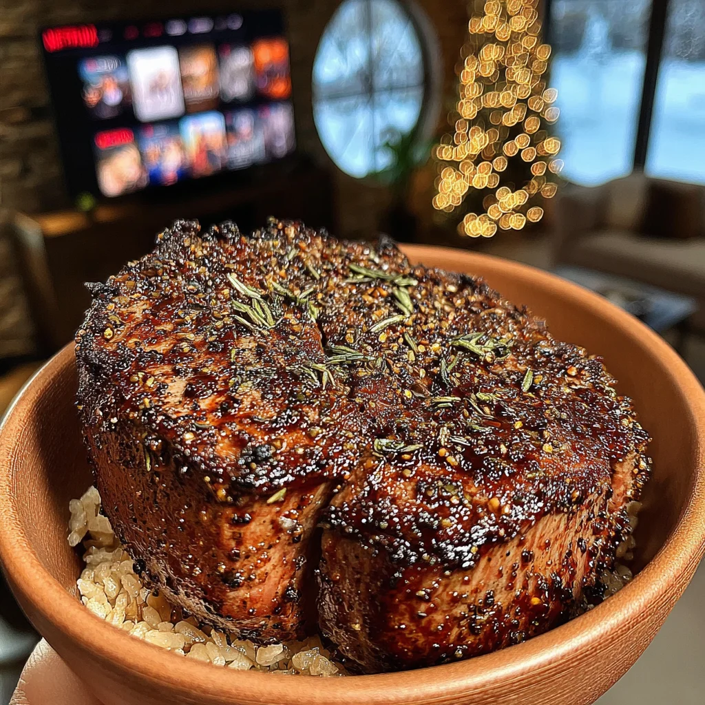 Smoked Sea Salt and Dried Oregano-Crusted Filet Mignon with Pomegranate-Balsamic Glaze