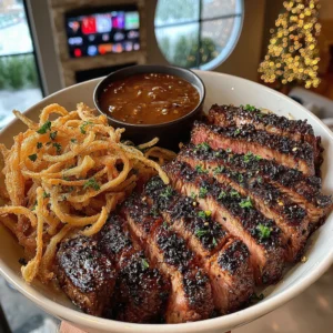 Texas-Spiced Strip Steak with Herb-Crusted Shoestring Fries and Savory Beef Onion Sauce